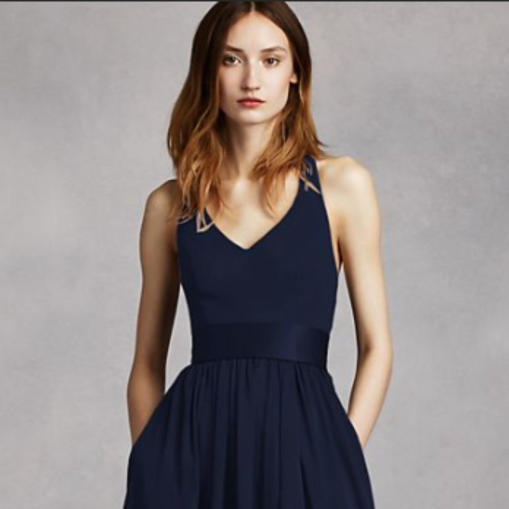 David's Bridal V Neck Halter Gown with Sash